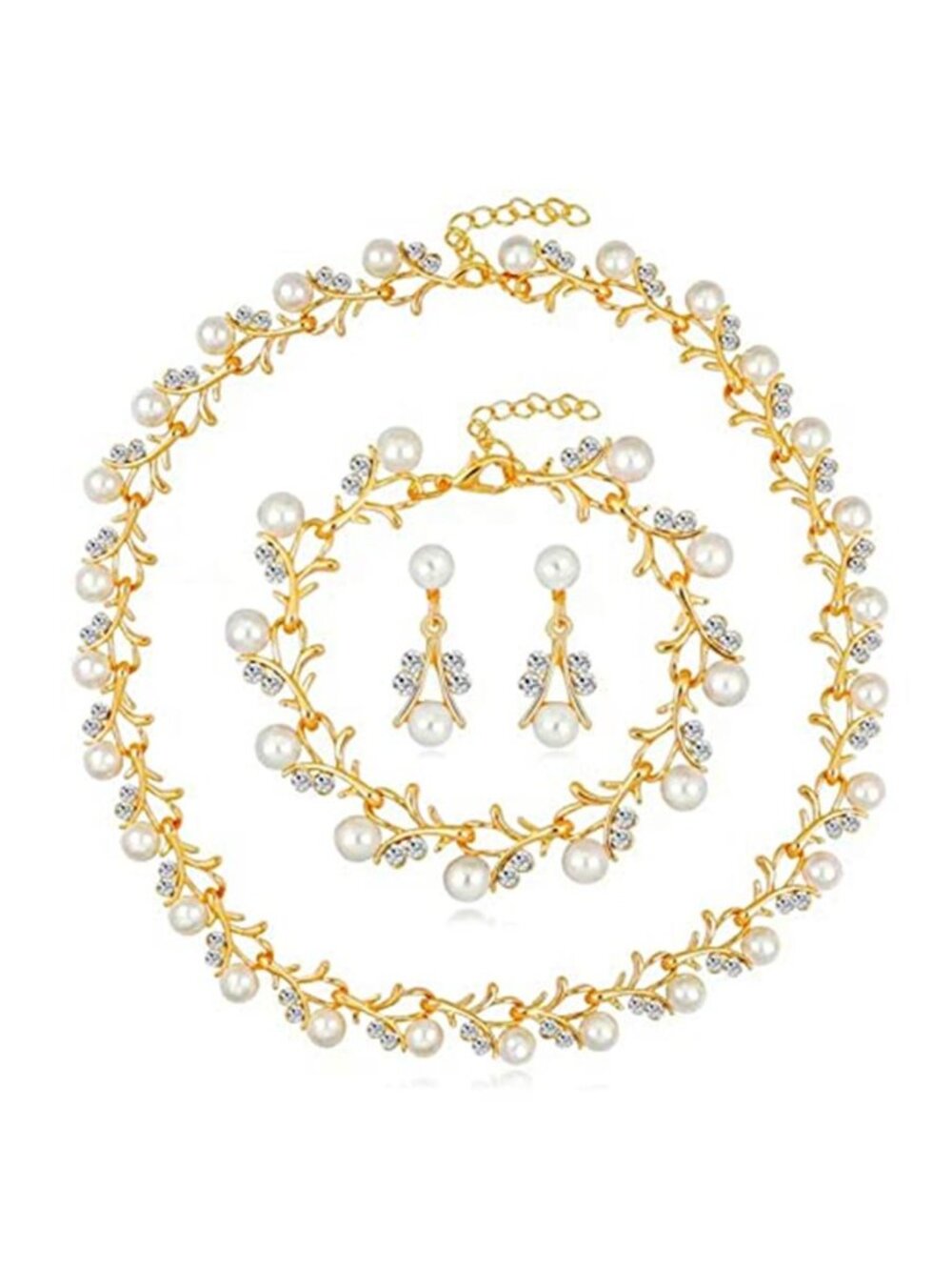 Gold Faux Pearl Crystal Rhinestone Bridal Jewelry Set Necklace Bracelet Earrings
